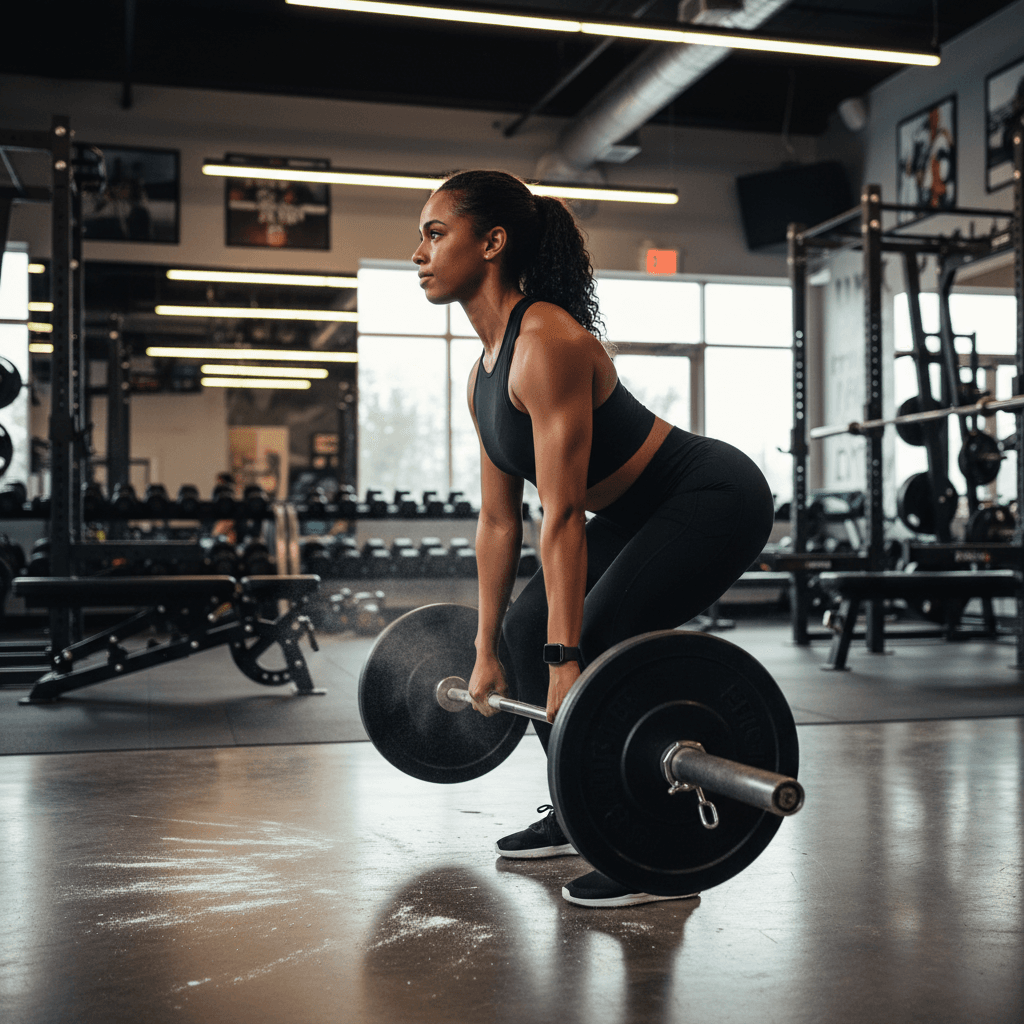 Personal trainer coaching client through proper barbell lift technique in a modern Los Angeles gym