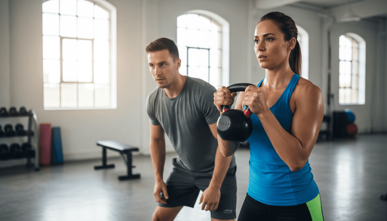 Personal trainer demonstrating kettlebell form with client in modern Los Angeles gym