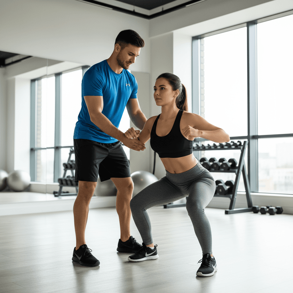 Personal trainer spotting client during barbell squat with proper form in bright gym