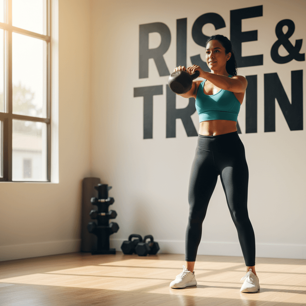 Alex demonstrating kettlebell training technique with a client