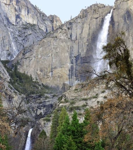 Upper and Lower Yosemite Falls cascading down massive granite cliffs framed by evergreen trees.